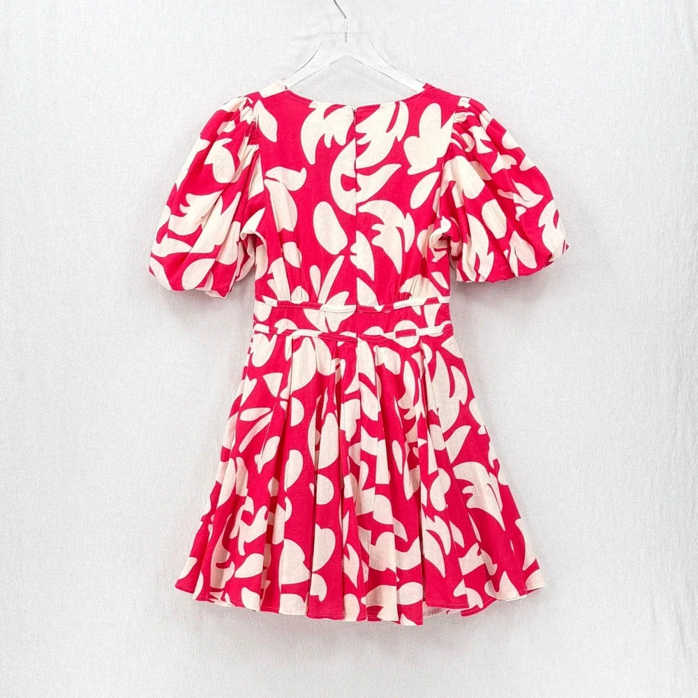 HOUSE OF HARLOW 1960 Mini Dress Women Small Pink Floral Puff Sleeve Tie Front - Picture 4 of 15